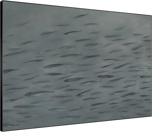 SIGNWIN 46"x60" Extra Large Framed Wall Art Gray School of Fish Minimalist Ocean-Inspired Marine Life Illustration for Home Living Room Bedroom Decor (Frame Assembly Required)