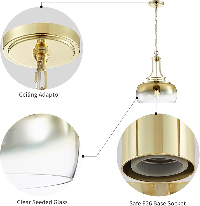 WUZUPS Gold Chandelier Rustic Farmhouse Industrial Round Ceiling Pendant LED Light Fixture with Gradient Glass Shade for Dining Room Kitchen Island Foyer Entryway, H 17" W 13.4", E26 Base