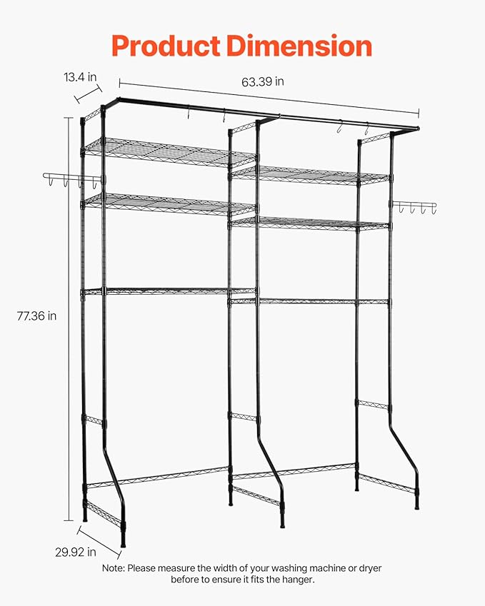 VEVOR Over The Washer and Dryer Storage Shelf, 6 Tier Laundry Room Drying Rack with Hanger Rod and Hooks, Adjustable Over Washer and Dryer Shelves, Laundry Room Shelf Storage Space Saver, Black