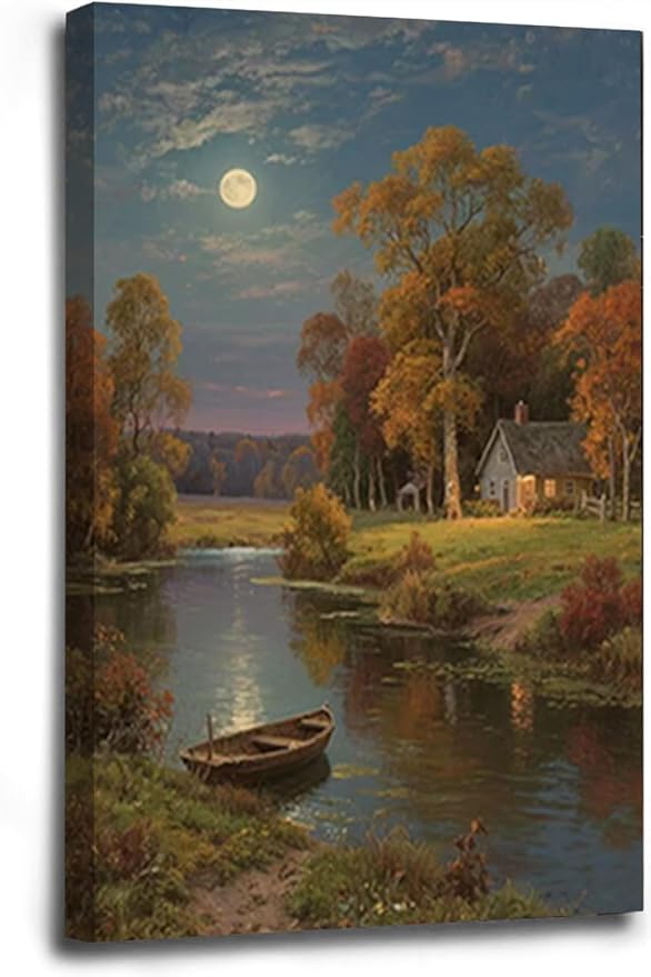 Small house by the stream under the moonlight tranquil style suitable for living room bedroom and office landscape poster wall art