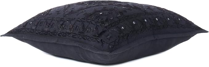Eyes of India Embroidered Decorative Boho Throw Pillow Cover with Mirrors, Handmade Bohemian Accent Cushion Case for Sofa Couch Bedroom Living Room (Black, 24" x 24")