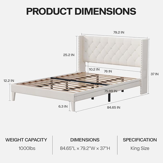 King Size Bed Frame with LED Lights, Upholstered Bed Frame with Wingback Diamond Tufted Headboard, Wood Slats Support, Noise-Free, Easy Assembly, No Box Spring Needed, Beige
