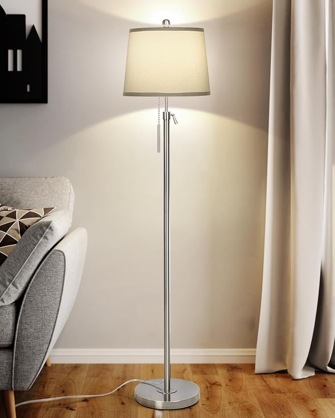 Floor Lamp for Living Room,Adjustable Height Standing Lamp,Dimmable Modern Floor Lamps for Bedroom Office Tall Floor Lights with Pull Chain Bulb Included-Silver Gray Shade