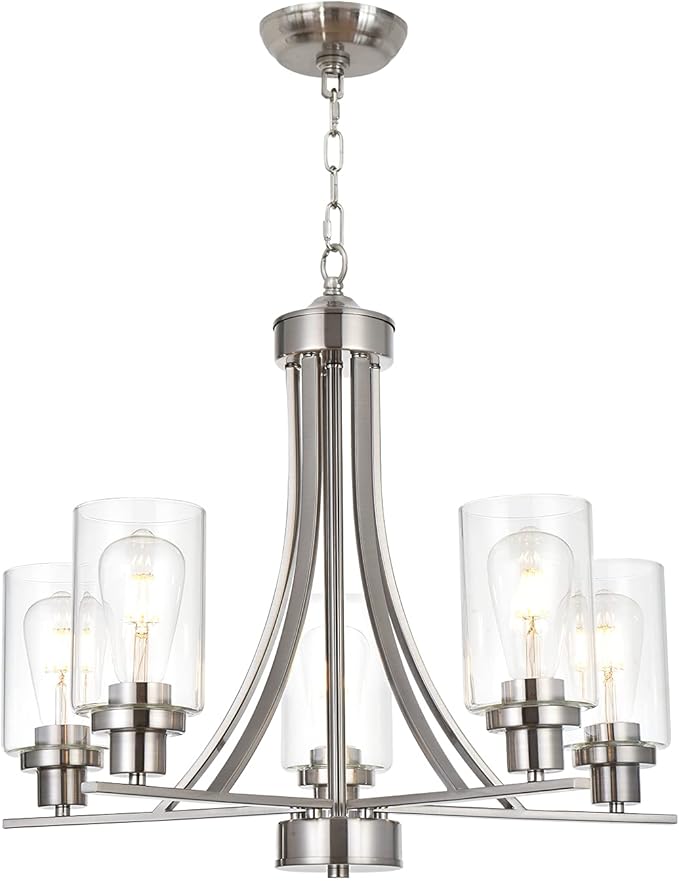 BONLICHT Traditional Chandelier Lighting 5 Light Brushed Nickel Modern Light Fixtures Hanging Pendant Lighting with Clear Glass Shade Classic Ceiling Lights for Kitchen Dining Room Living Room Island