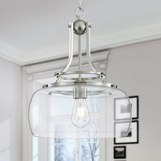 WUZUPS Chandelier Rustic Farmhouse Industrial Round Ceiling Pendant LED Light Fixture with Clear Glass Shades for Dining Room Kitchen Island Foyer Entryway, H 17" x W 13.4", E26 Base, Brushed Nickel