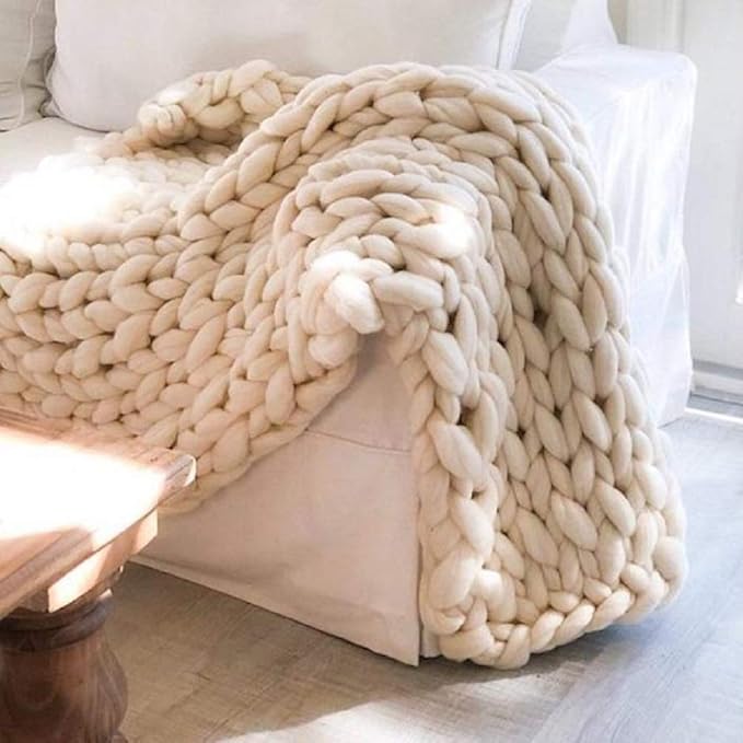 Chunky Knit Blanket Hand Made Merino Wool Throw Boho Bedroom Sofa Home Decor Giant Yarn(Ivory White 40"x80")