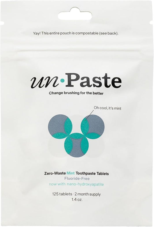 New Formula, Unpaste Toothpaste Tablets, Now w/Nano-HYDROXYAPATITE, Fluoride-Free Mint Remineralizing Tablet, Xylitol Free, Vegan, Plastic Free, Travel-Friendly, Resealable Packet, 125ct/2 mo Supply