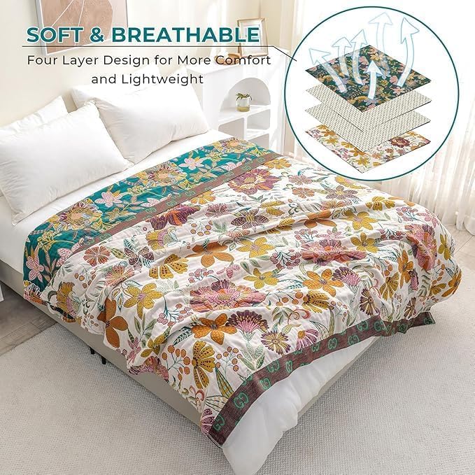 Cotton Throw Bed Blanket 90''x98'', Soft Lightweight Breathable Muslin Blanket for Couch, Bed, Travel, Picnics, All Season Gauze Blanket, Home Decor