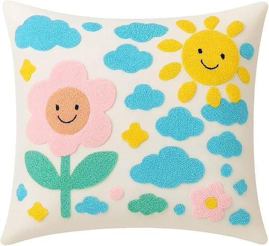 katre home madame & textile Throw Pillow Cover – Sun & Cloud Punch Needle Cushion 18x18 inch – Handmade Embroidered Boho Cotton Pillow for Couch, Bed or Nursery Room Decor