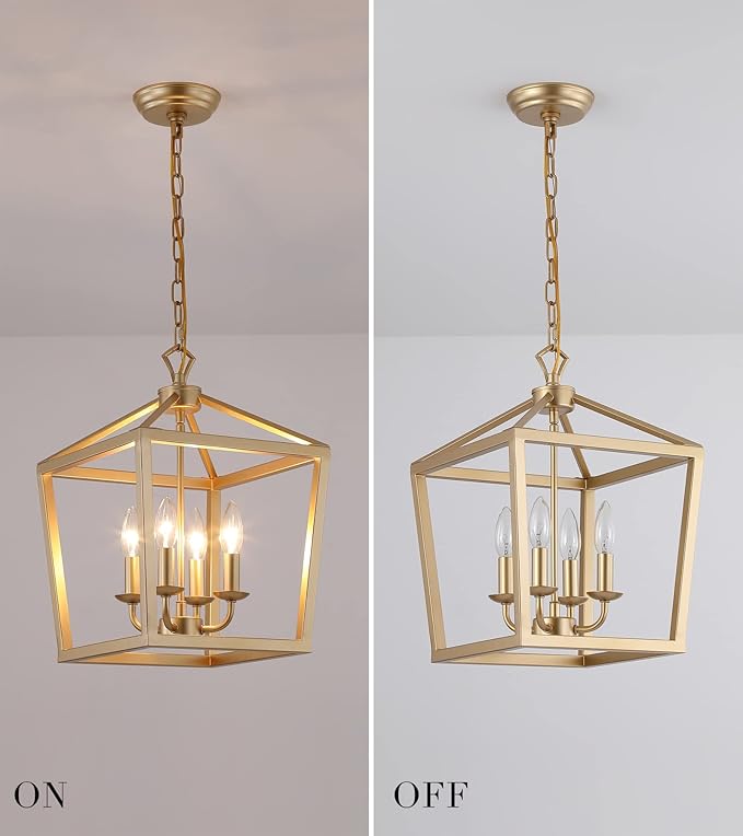 AMZASA Gold Lantern Chandelier Hanging Pendant Light Fixture 4-Lights for Kitchen Island Dining Room Hallway Entryway Foyer UL Listed