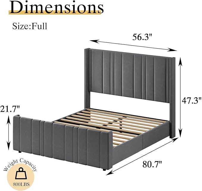 HOMBCK Full Bed Frame with Headboard, Upholstered Platform Bed Full Size with Velvet Headboard & Footboard/Vertical Channel Tufted/Wooden Slats/Noise Free/No Box Spring Needed/Easy Assembly, Grey