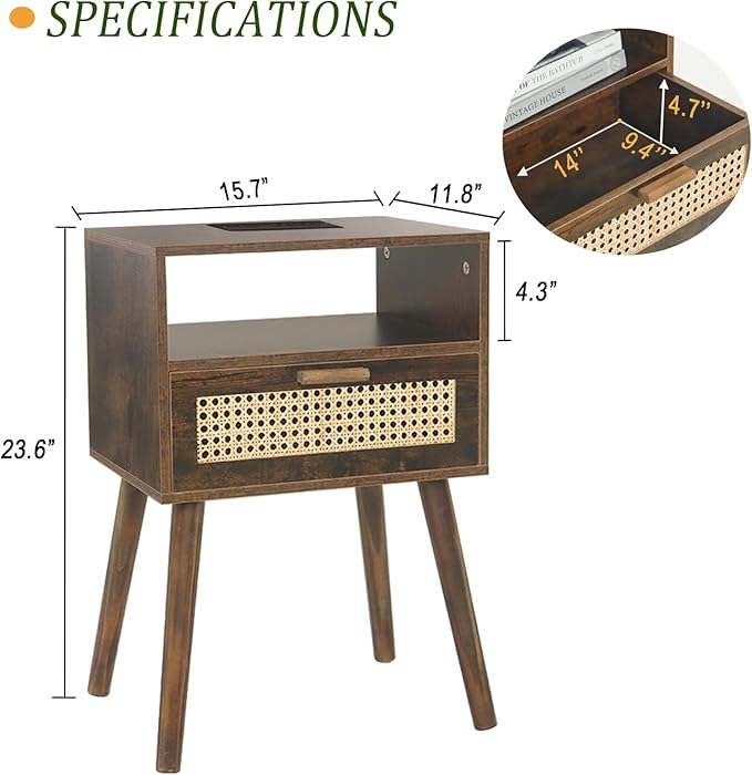 MaxSmeo Small Nightstand with Charging Station, Rattan Side Table Mid Century Modern Bedside Table for Bedroom, Living Room and Small Spaces, Solid Wood Legs (Rustic Brown)