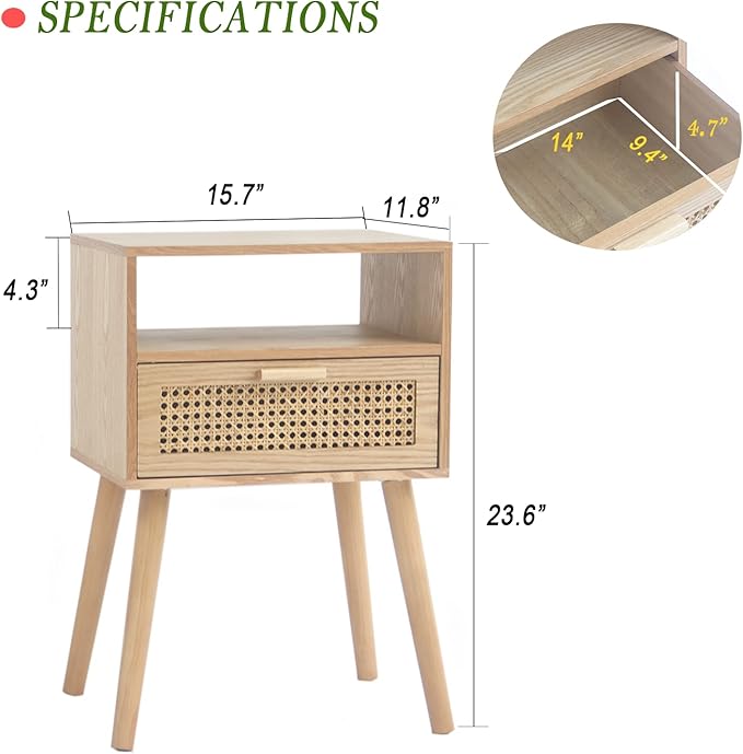 MaxSmeo Bedside Table, Small Nightstand with Charging Station, Rattan Side Table Wood End Table for Living Room, Bedroom and Small Spaces, Mid Century Modern Nightstand, Easy Assembly (Natural)
