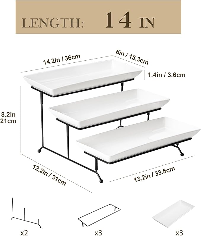 MALACASA 3 Tier Serving Tray, Porcelain Tiered Cupcake Stand, Ceramic Elevated Serving Platter with Collapsible Sturdier Rack,Series PLAT (White, 14 Inch)