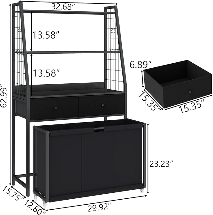 Laundry Hamper Laundry Basket with 3 Section Pull-Out Rolling Bags & 2-Tier Storage Shelf, Laundry Sorter for Organization and Storage with 2 Drawers for Laundry Room, Bathroom