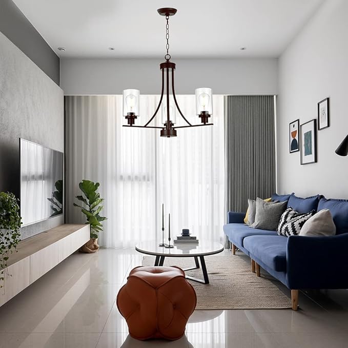 BONLICHT 3 Lights Oil-Rubbed Bronze Traditional Chandelier Rustic Kitchen Island Lighting Fixtures Hanging Clear Glass Cylinder Pendant Lights Classic Ceiling Light for Dining Room Bedroom Foyer