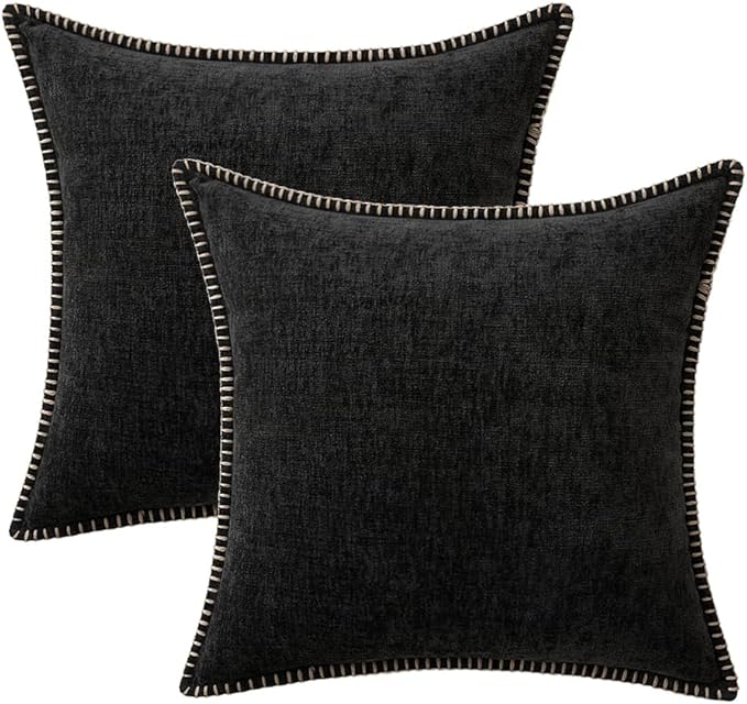 MIULEE Pack of 2 Couch Throw Pillow Covers 20x20 Inch Black Farmhouse Decorative Pillow Covers with Stitched Edge Soft Chenille Solid Dyed Spring Pillow Covers for Sofa Bed Living Room