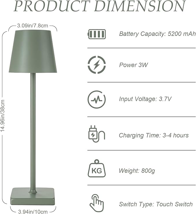 HASUN 2 Pack Cordless Table Lamp, Portable LED Desk Lamp, 5200mAh Battery Operated Lights, 3 Color Stepless Dimming Up, Night Light for Bedroom/Date/Bars/Cafe/Camping (Green 2Pack)