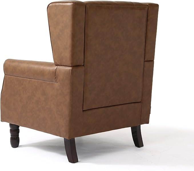 UIXE Faux Leather Accent Chair, High Back Upholstered Armchair for Living Room, Wingback Arm Chair Comfy Single Sofa Bedroom Reading Seat with Solid Wood Legs - Brown