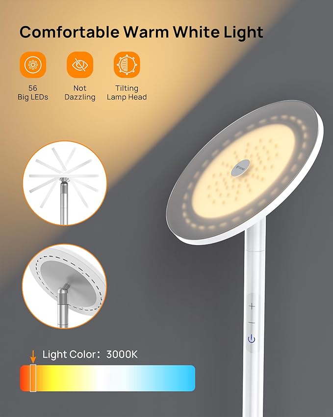 TROND Floor Lamp, 5000LM Super Bright Sky LED Modern Torchiere Standing Lamp, 3000K Warm White with 5-Level Dimmable, 71 in Tall Pole Light, 30-Minute Timer, Modular Rod, Wall Switch Compatible