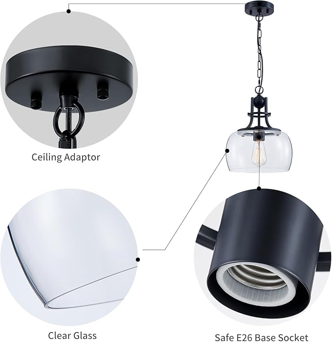 WUZUPS Chandelier Rustic Farmhouse Industrial Round Ceiling Pendant LED Light Fixture with Clear Glass Shades for Dining Room Kitchen Island Foyer Entryway, H 13" x W 10", E26 Base, Black