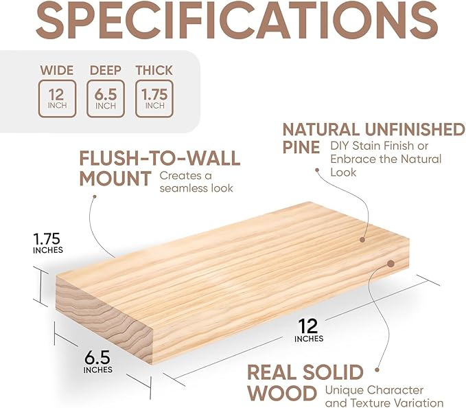 Homeforia Wood Floating Shelf 12 inch, High End Solid Natural Wood 12inch Floating Shelves for Wall Mounted, Unfinished Small Wooden Floating Shelves, Heavy Duty Bracket, 12 X 6.5 X 1.75 in, Set of 4