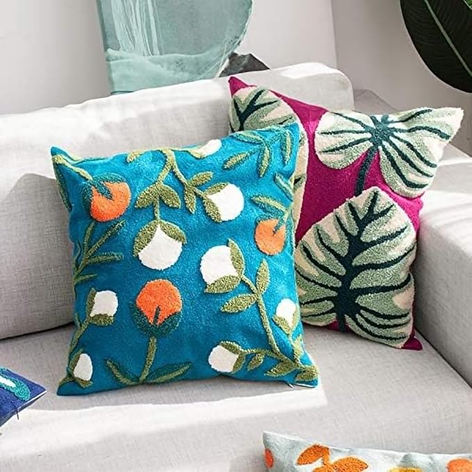 MOCOFO Canvas Embroidered Throw Pillow Cover with Flower Spring Embroidery Craft Modern Simple Sofa Office Pillow Pillow Case (Acorn, 18x18’’)