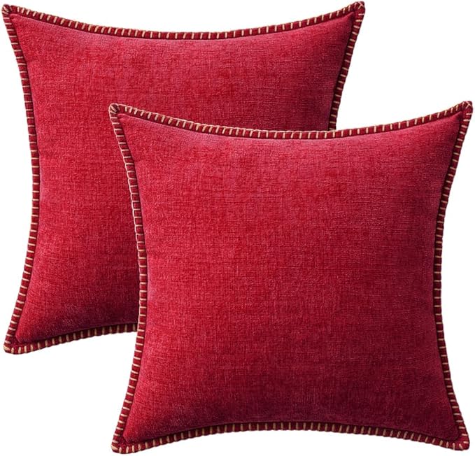 MIULEE Pack of 2 Christmas Pillow Covers 18x18 Inch Red Farmhouse Decorative Throw Pillow Covers with Stitched Edge Soft Chenille Solid Dyed Couch Pillow Covers for Sofa Bed Living Room