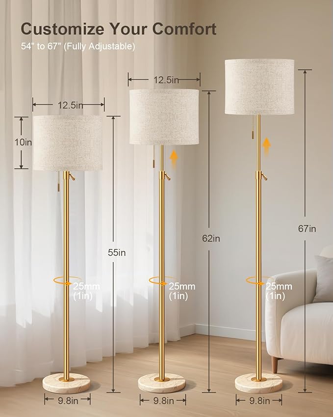 Modern Gold Floor Lamp for Living Room - Adjustable Height Standing Lamp with Marble Base & Linen Shade, 3-Way Dimmable Tall Floor Light for Bedroom, Reading, Bulb Included