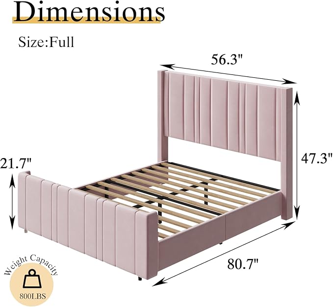 HOMBCK Pink Full Size Bed Frame Upholstered Bed with Velvet Tufted Headboard & Footboard, Mattress Foundation/Wooden Slats/Noise Free/No Box Spring Needed/Easy Assembly