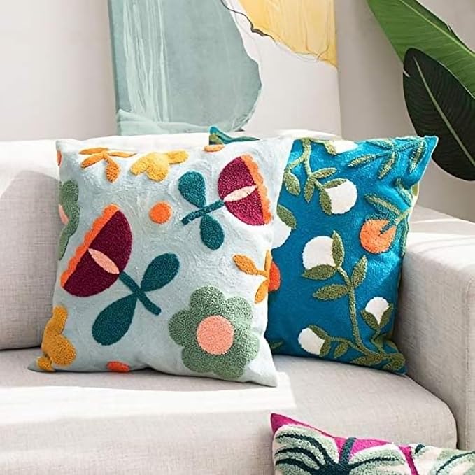 MOCOFO Canvas Embroidered Throw Pillow Cover with Flower Spring Embroidery Craft Modern Simple Sofa Office Pillow Pillow Case (Acorn, 18x18’’)