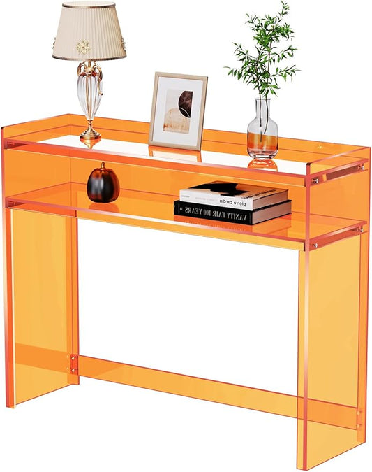 Acrylic Console Table, Entryway Table with Storage Shelves (1, 39.4 * 31.5 * 11.7 inches) (Orange)