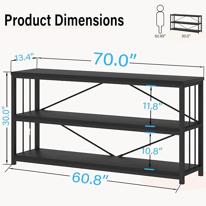 LVB Black Entryway Table, Modern Extra Long Sofa Console Table, Metal Wood Narrow Hallway Table with Storage Shelves, Industrial Skinny Foyer Couch Tables for Living Room Bedroom, Black Oak, 70 Inch