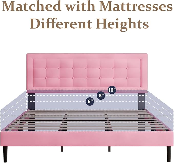 King Size Bed Frame with Headboard, Platform Bed Frame with Velvet Upholstered Button Tufted Headboard, Wood Slats Support, No Box Spring Needed, Mattress Foundation, Easy Assembly, Pink
