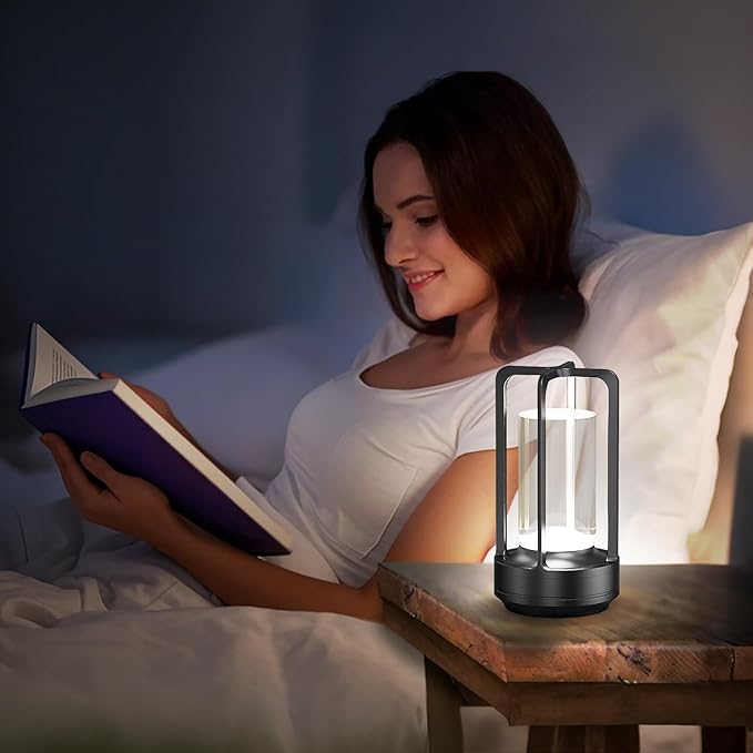 Portable Table Lamp for Outdoor Indoor: Cordless Rechargeable Desk Lamp with 3 Color Stepless Dimmable - Metal Battery Operated Small Lantern Light for Restaurant/Bedroom/Bar/Coffee Shop/Camping