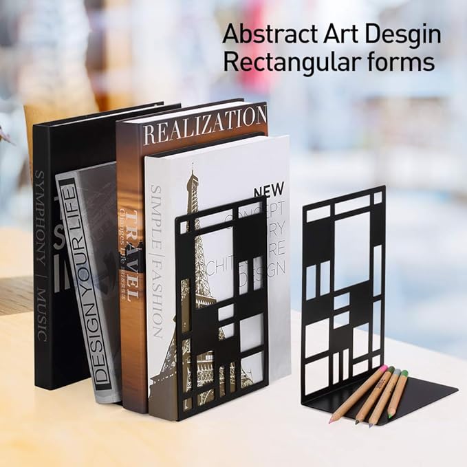 Book Ends, Bookends, Book Ends for Shelves, Bookends for Heavy Books, Book Divider Decorative Holder, Metal Heavy Duty Bookend Black 2 Pair, Abstract Art Desgin Book Stopper Supports for Office, Home