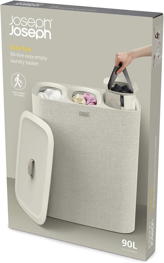 Joseph Joseph Tota Trio 90 liter/23.8 gallon Laundry Hamper Separation Basket with lid, 3 Removable Washing Bags with Handles- Ecru