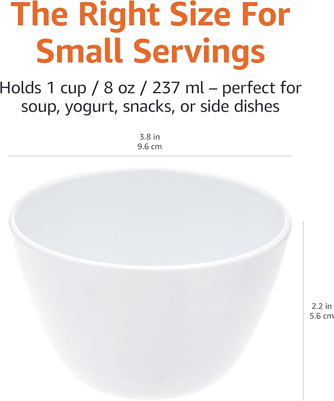 Amazon Basics Round Melamine Bowl, 8 oz, White, 6 Piece Set (Previously AmazonCommercial brand)