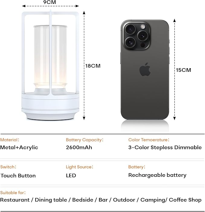 Portable Metal Table Lamp for Indoor/Outdoor ,Rechargeable Cordless LED Lamp, 3-Colour Infinitely Dimming Battery Powered Small Desk Lamp, Restaurant/Bedroom/Bar/Coffee/Camping Light (White Set of 2)