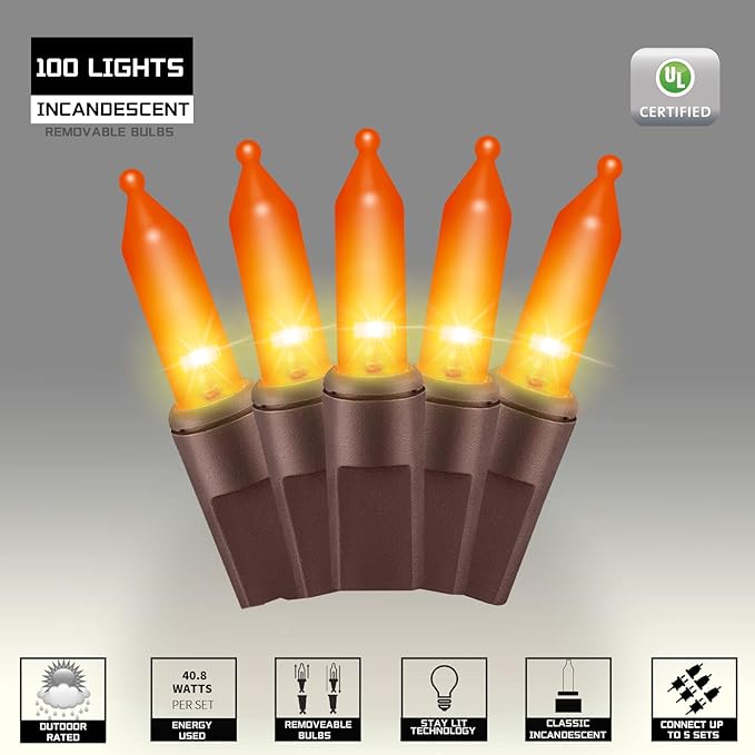 100LIGHTS Orange Extra-Bright with End Connectors Halloween Decorative Lights 5.98m UL Certified Mini String Light Set Waterproof for Halloween Home Garden Christmas Tree Party Patio Wedding
