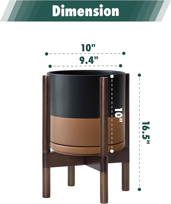 D'vine Dev Ceramic Planter with Walnut Color Stand - 10 Inch Modern Round Flower Pot with Wood Planter Holder, Black/Speckled Tan, 55-B-X-7