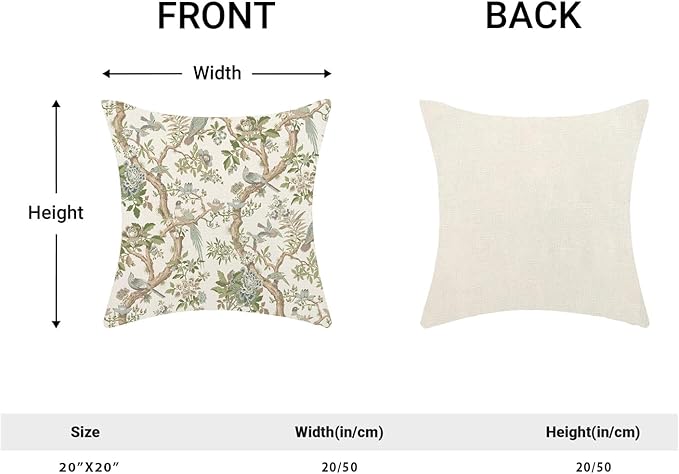 CXMEIFLY Chinoiserie Spring Pillow Covers 20 x 20 Inch Set of 2 for Sage Green Blue Vintage Flowers Bird Decor Throw Pillows Plant Farmhouse Outdoor Decorative Cushion Cases for Couch Bed Decorations