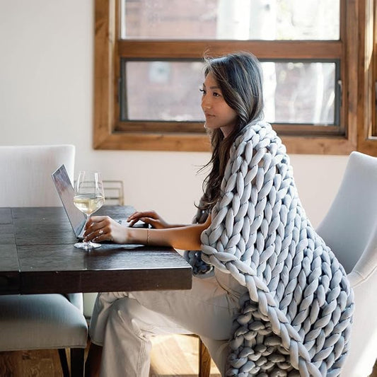 Nuzzie Chunky Knit Weighted Blanket - Breathable, Cooling, Hand Made Knit Throw Blanket for Sleep - Machine Washable, Stylish Decor Design (Misty Grey, Queen | 22lbs | 60"x80")