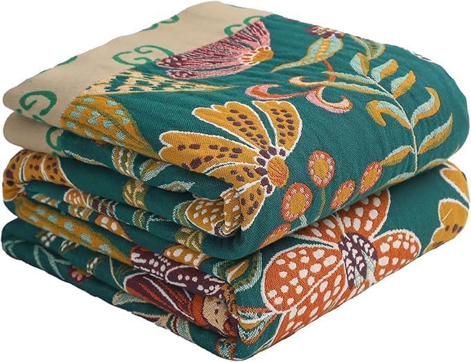Fall Throw Blankets Reversible Luxurious Cotton Bed Throws with Vintage Bohemian Design & Yellow/Green Lightwight Floral Decor Blanket, Perfect as Bed Sofa Quilt 90" x 98"