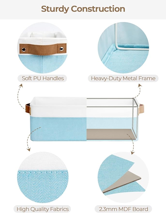 StorageWorks Narrow Storage Bins, Small Basket for Closet and Shelves, Fabric Organizer with Handles, Toilet Paper Storage, Light Blue and White, 2-Pack