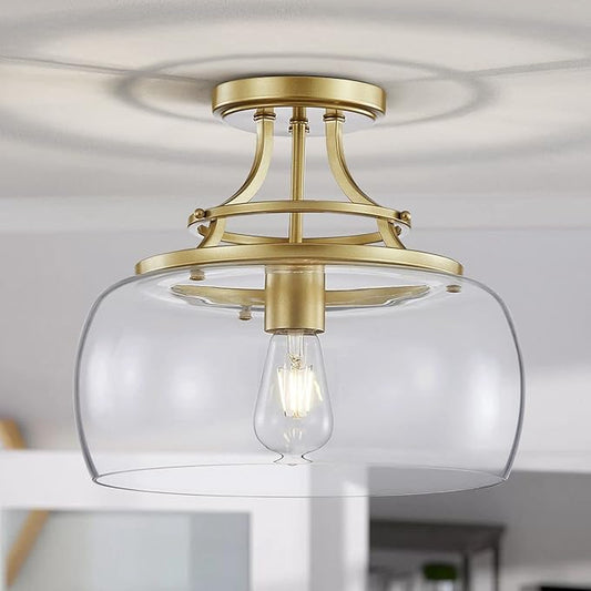 WUZUPS Chandelier Rustic Farmhouse Industrial Round Semi-flushmount Ceiling LED Light Fixture with Clear Glass Shades for Bathroom Kitchen Foyer Entryway, H 11.8" x W 13.4", E26 Base, Gold