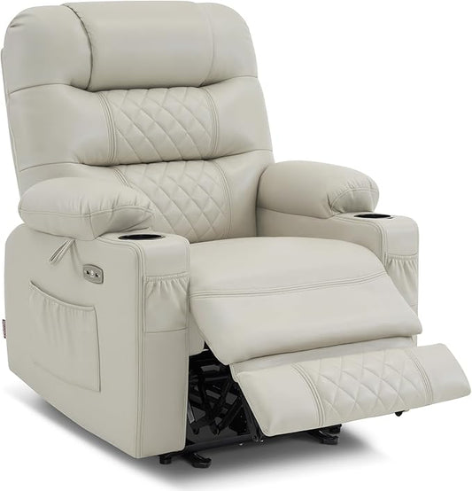 MCombo Zero Gravity Power Recliner Chair with Heat and Vibration Massage, Reclining Chair with USB Ports, Cup Holders for Living Room, Faux Leather PR621 (Light Grey)
