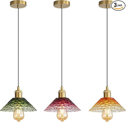 3-Pack Pendant Lights, Modern Glass Ceiling Hanging Light Fixtures,Adjustable Three Color Glass Shades Vintage Gold Chandeliers for Kitchen Island Dining Room Livingroom Entryway Farmhouse Bar