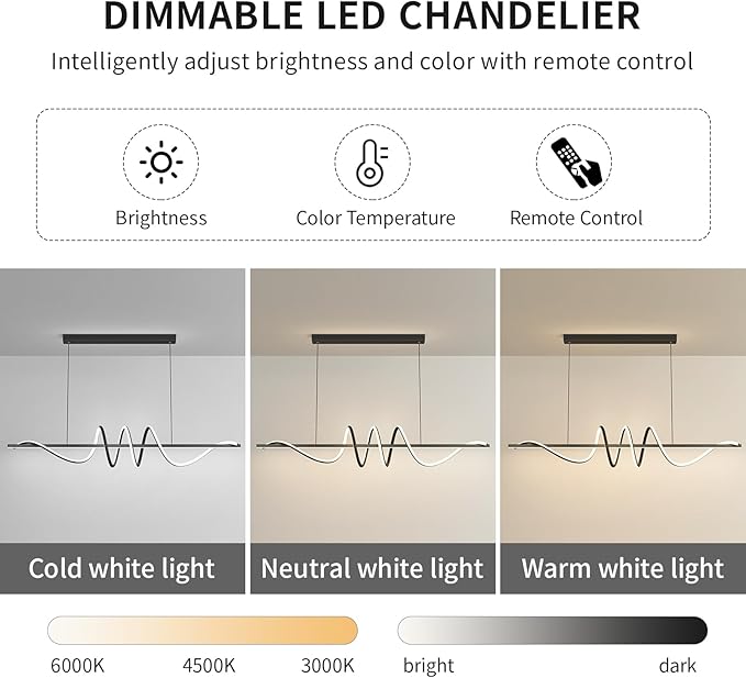 JAYMP Dining Room LED Chandelier 60W Dimmable Kitchen Island Light Modern Pendant Light Geometric Design Hanging Light Fixture Black 45 Inches