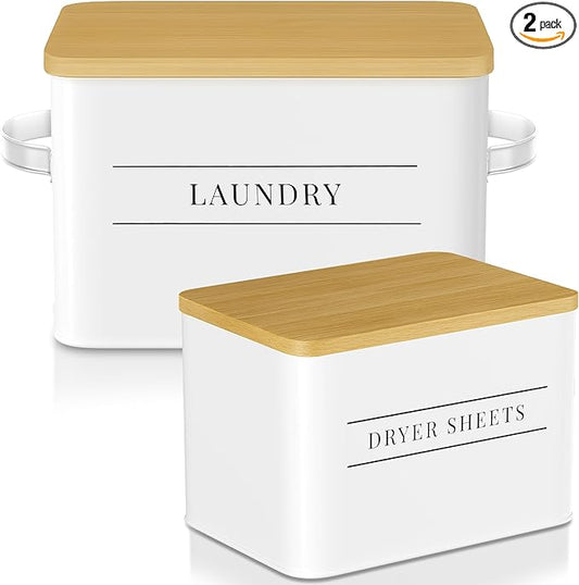 Metal Dryer Sheet Holder with Lid – Set of 2 Storage Bins for Laundry Room Organization & Home Decor – Classic White Metal Organizers and Containers with Lids - Sheet Organizers and Storage